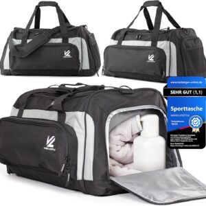 VL® Sporttasche 60 Liter mit nasser Fach groß l [Cooling Compartment] Schuhfach mit Belüftungslöchern Frauen Reisen Reisen Bag Sauna Beutel Schwarze Schwimmbeutel Duffel Duffel Fitnessbeutel Sporttasche