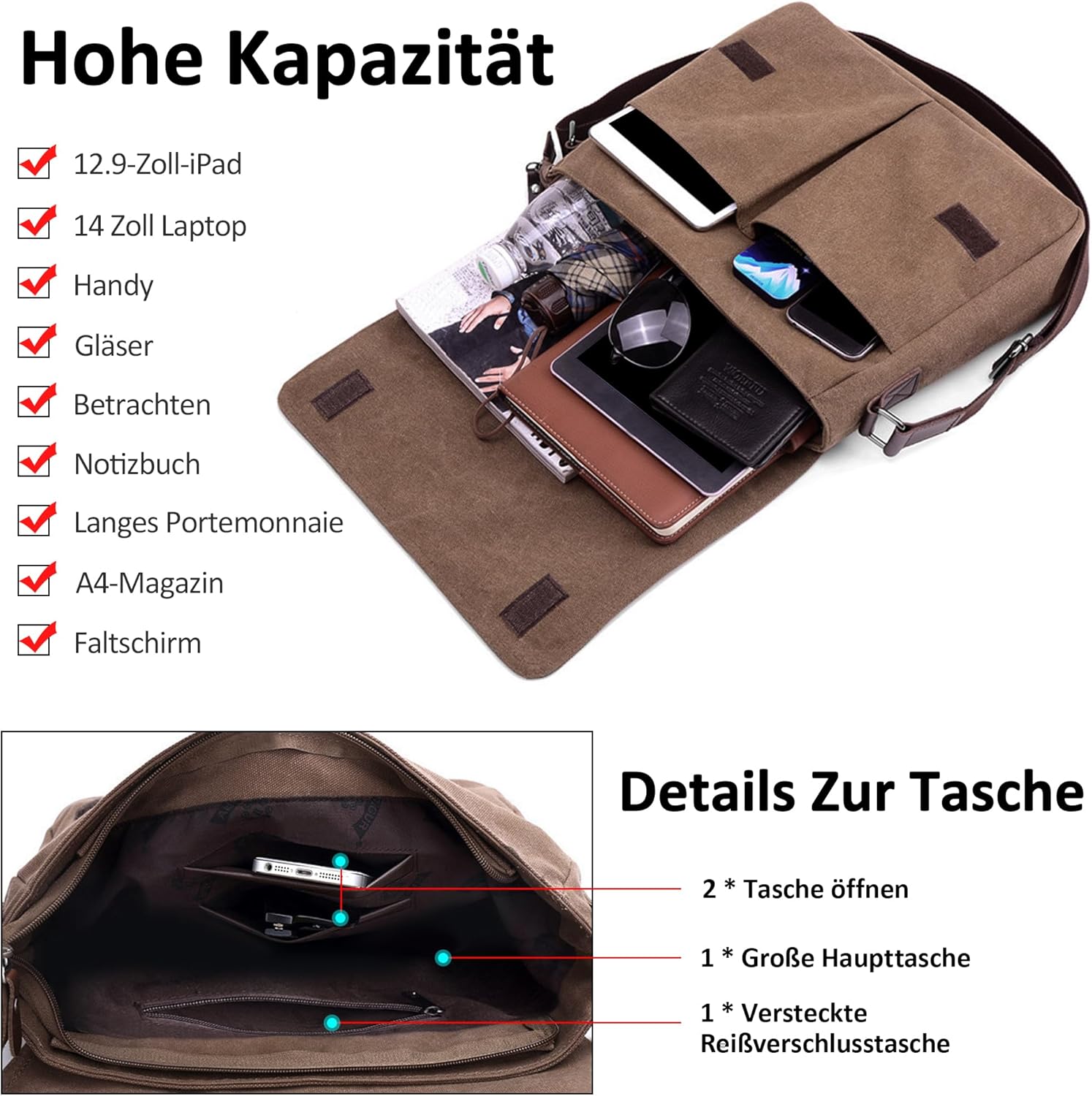 Foloveya Retro Umhängetasche Herrenumbenbeutel Leinwand Messengerbeutel 14 -Zoll -Laptop -Tasche Messengerbeutel Leinwand Multi -Bag Aktentasche für Arbeitsschule Uni, Kaffee, Umhängetasche – Bild 3
