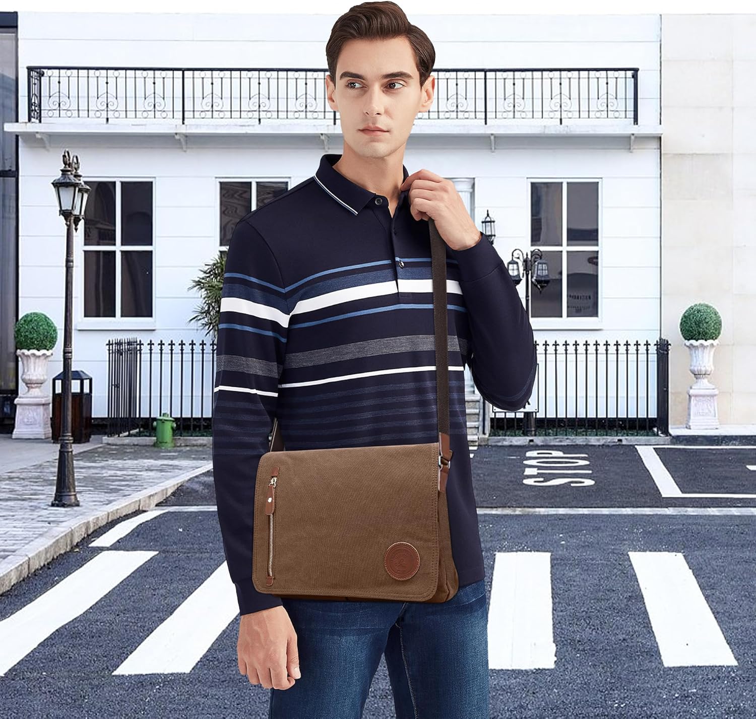 Foloveya Retro Umhängetasche Herrenumbenbeutel Leinwand Messengerbeutel 14 -Zoll -Laptop -Tasche Messengerbeutel Leinwand Multi -Bag Aktentasche für Arbeitsschule Uni, Kaffee, Umhängetasche – Bild 2