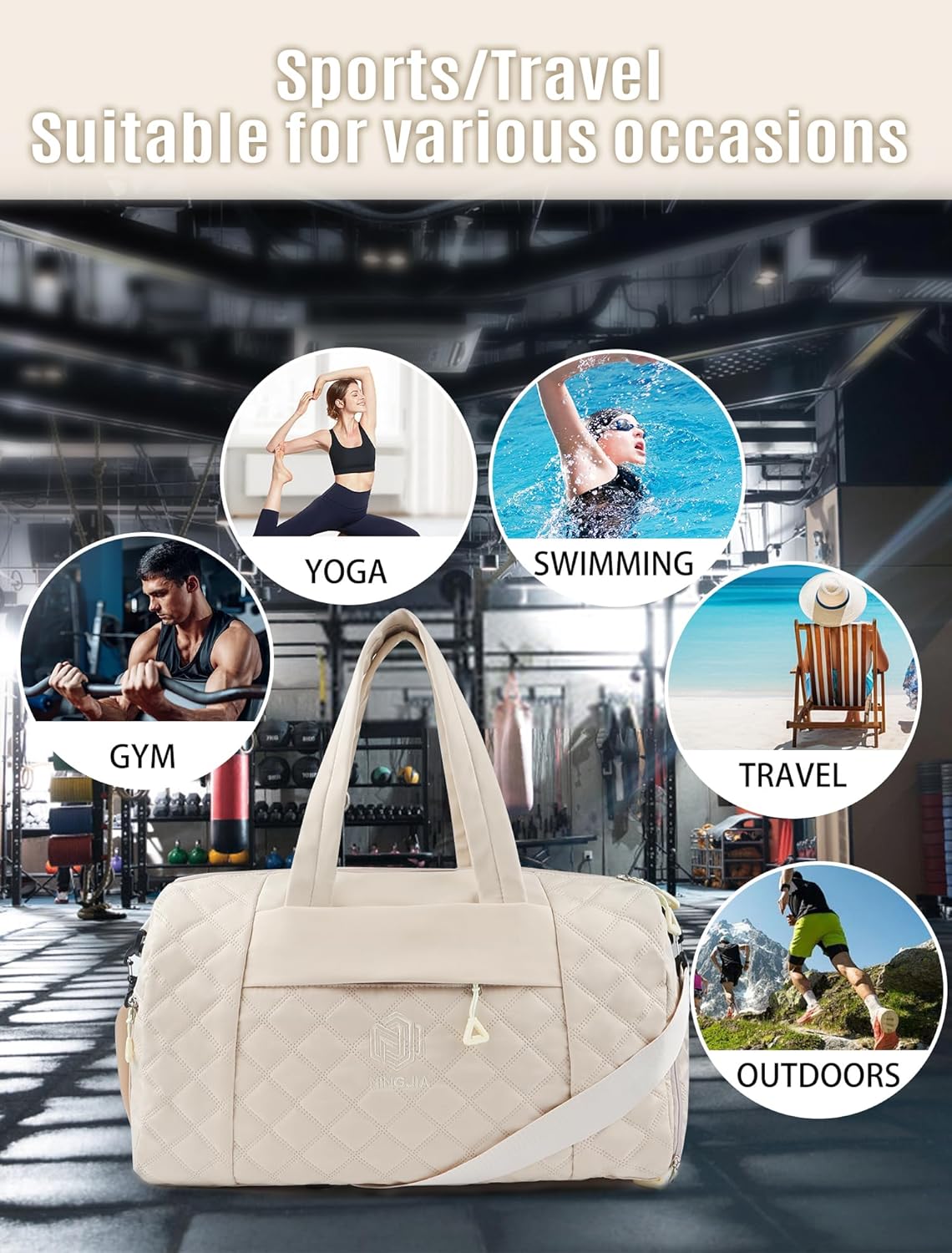 Remedare Travel Bag Damen Sports Bag Weekender Reisetasche Gepäck mit Toilettenbeutel, Schuhbeutel für Krankenhaus, Fitnessstudio und Flugzeugreisen, Beige, Beige, Reisetasche – Bild 7