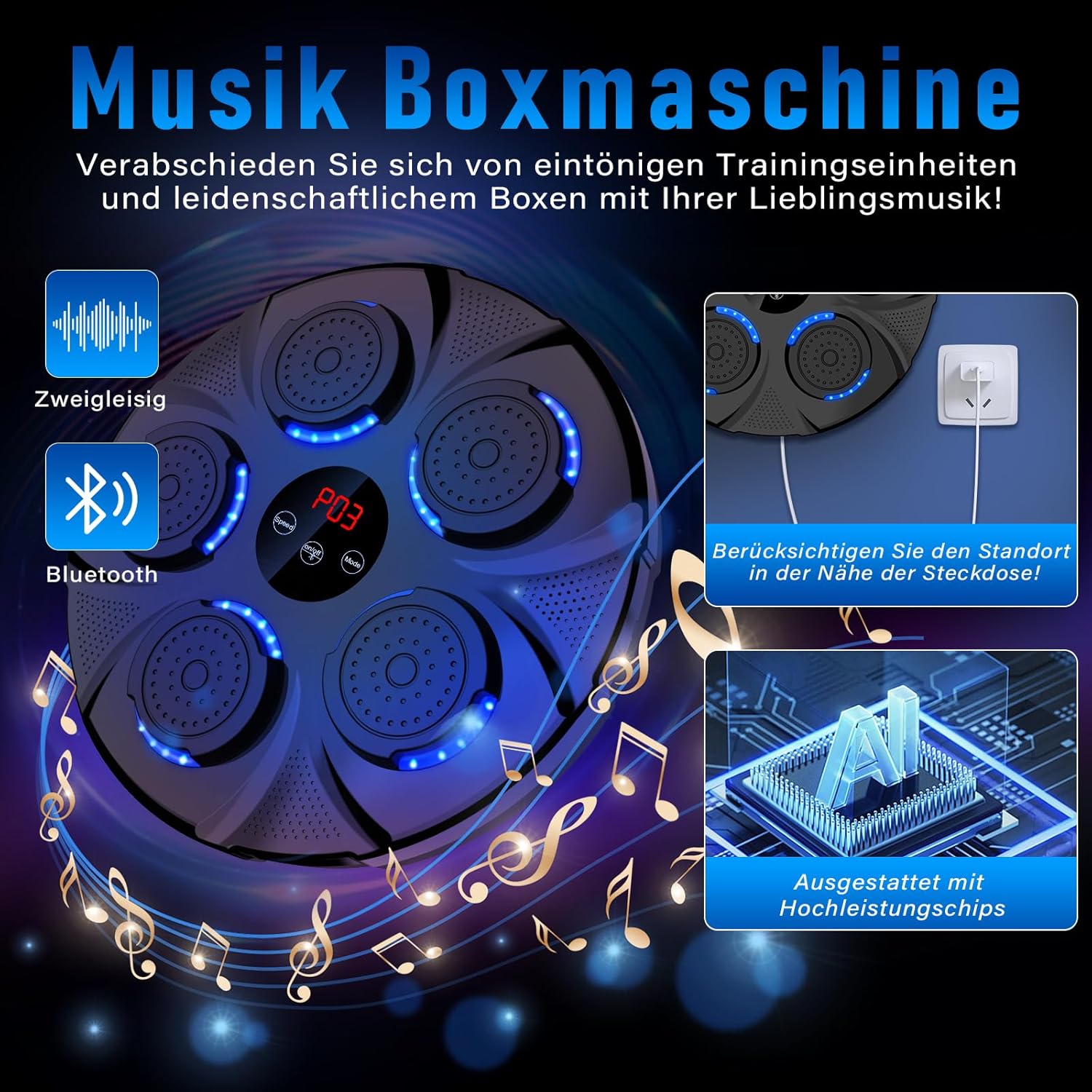 semai Music Boxing Machine, LED Musik Boxmaschine, Unterstützt Bluetooth, 9Geschwindigkeitsmodi und Zählmodus Für Erwachsene und Kinder Exercise/Stress Release – Bild 3